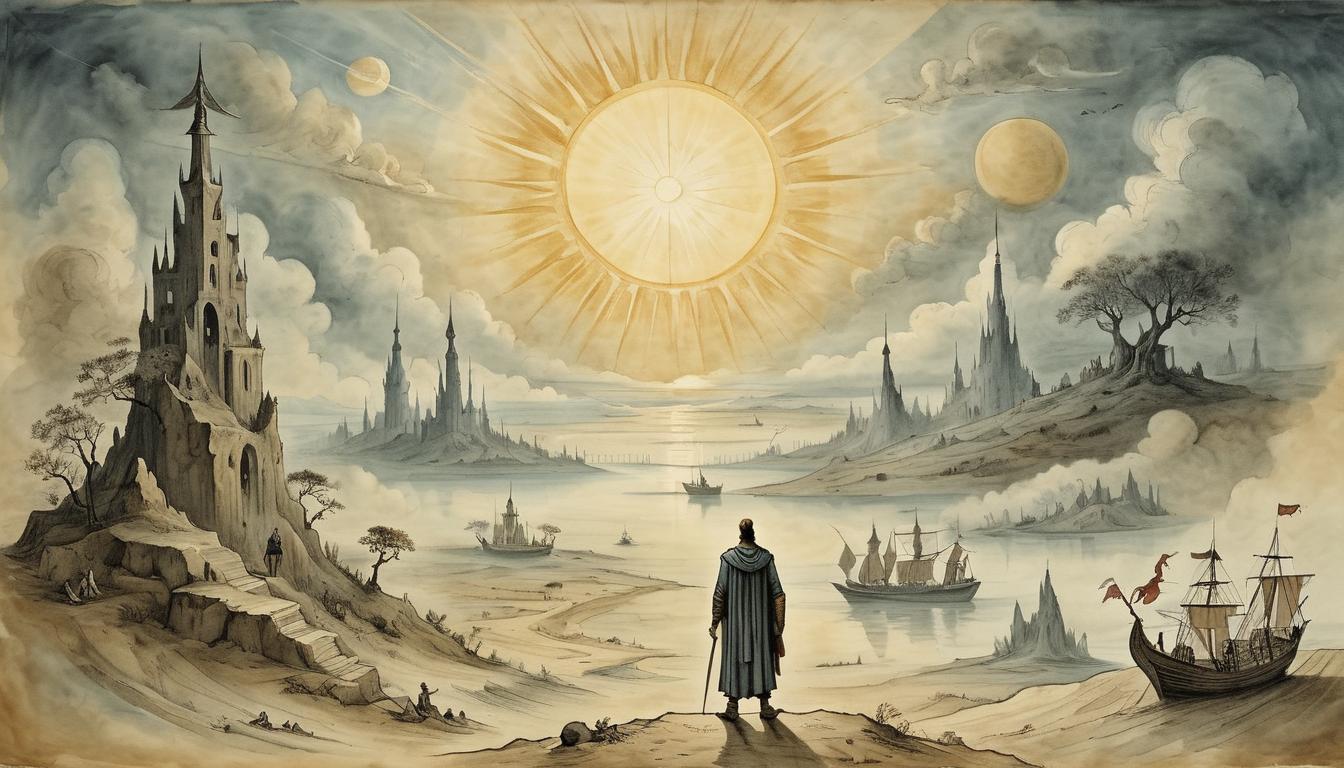  on parchment, surrealism+++, defeated figures looking at rising sun, forlorn expressions, distant triumph, resurgent sunbeams, distant reality(mysterious, provocative, symbolic,muted color)+++