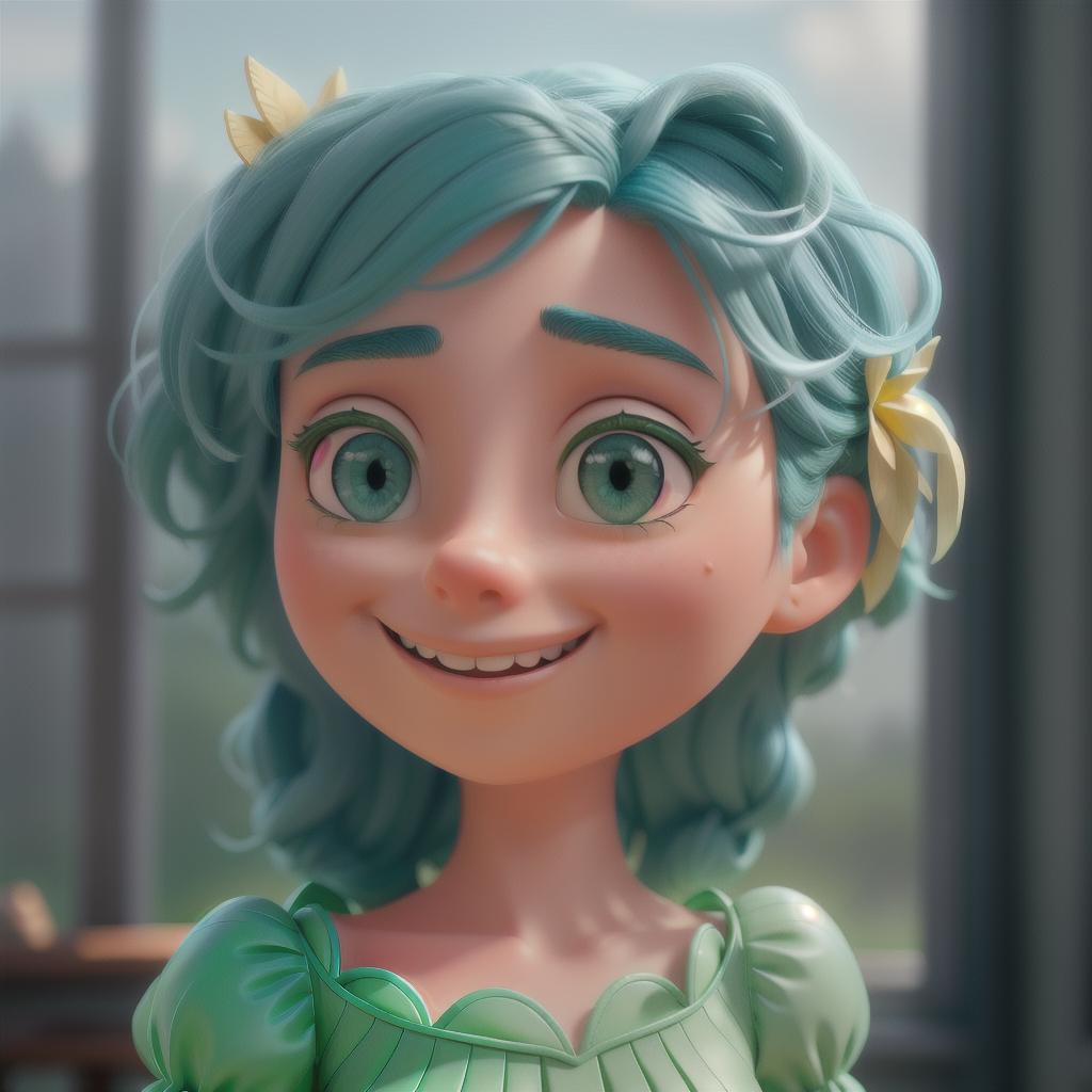  A extremely happy girl who’s skin is yellow and has blue eyes and blue hair and wears a green dress hyperrealistic, full body, detailed clothing, highly detailed, cinematic lighting, stunningly beautiful, intricate, sharp focus, f/1. 8, 85mm, (centered image composition), (professionally color graded), ((bright soft diffused light)), volumetric fog, trending on instagram, trending on tumblr, HDR 4K, 8K