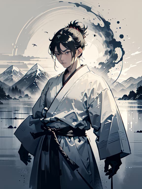  master piece, best quality, ultra detailed, highres, 4k.8k, handsome, 20s, male, samurai, performing iaido training, focused, break samurai's concentration in high quality monochrome art, traditional dojo, katana, shoji screen, tatami mat, incense burner, break serene and disciplined, subtle light and shadow effects, white background, scenery, ink, mountains, water, trees