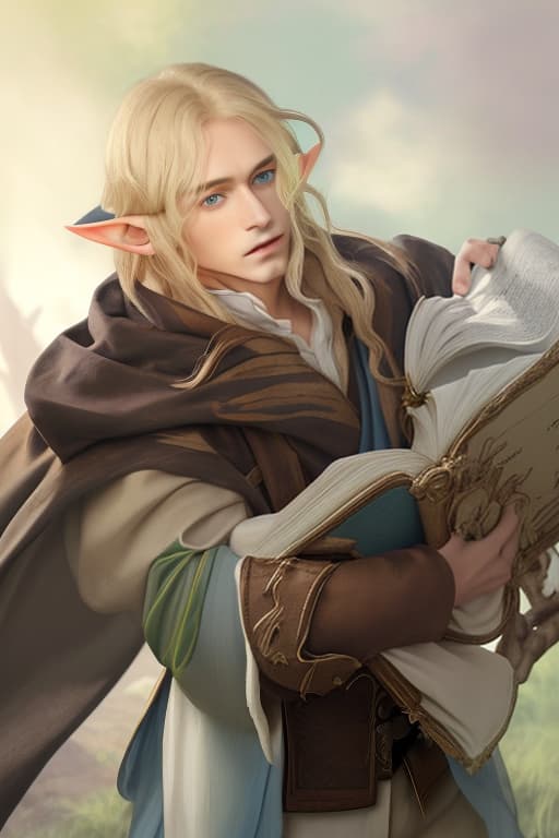  a beautiful elf with long straw hair and blue eyes, dressed in a white shirt and beige pants, hangs a brown cloak on his shoulders, holds an open book in his hands