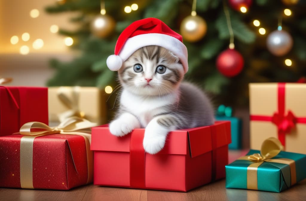  A Scottish Fold kitten in a Santa Claus hat picks out a box of a beautifully packaged gift against the background of a New Year tree and colorful gifts. ar 3:2 high quality, detailed intricate insanely detailed, flattering light, RAW photo, photography, photorealistic, ultra detailed, depth of field, 8k resolution , detailed background, f1.4, sharpened focus