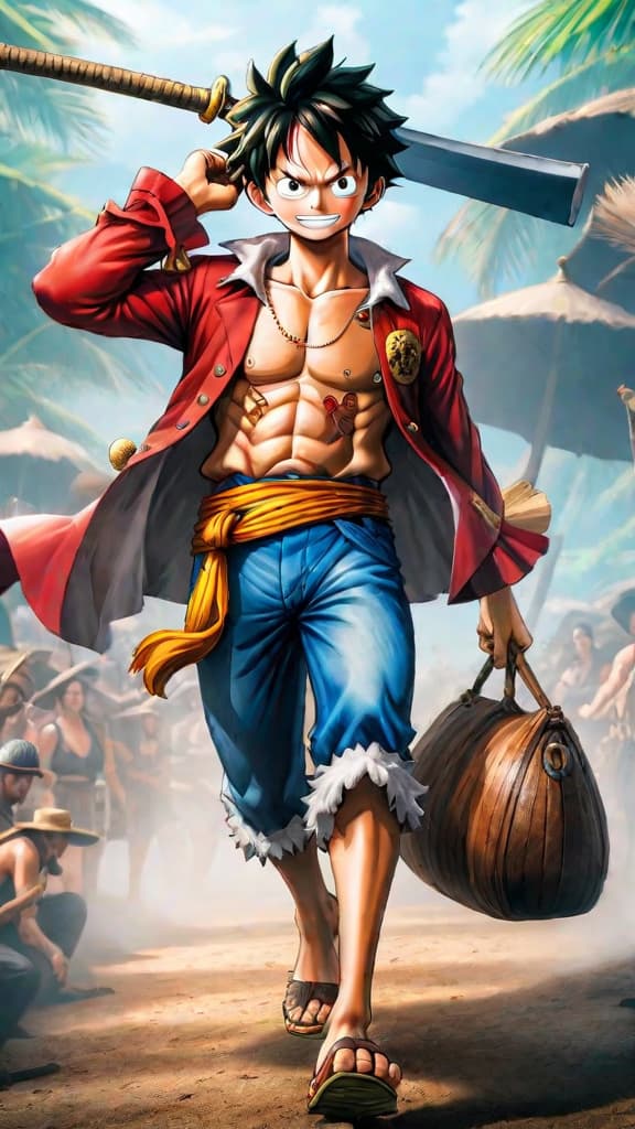  anime art: monkey d. luffy's legacy reshaping the pirate era with freedom and revolution. hyperrealistic, full body, detailed clothing, highly detailed, cinematic lighting, stunningly beautiful, intricate, sharp focus, f/1. 8, 85mm, (centered image composition), (professionally color graded), ((bright soft diffused light)), volumetric fog, trending on instagram, trending on tumblr, HDR 4K, 8K