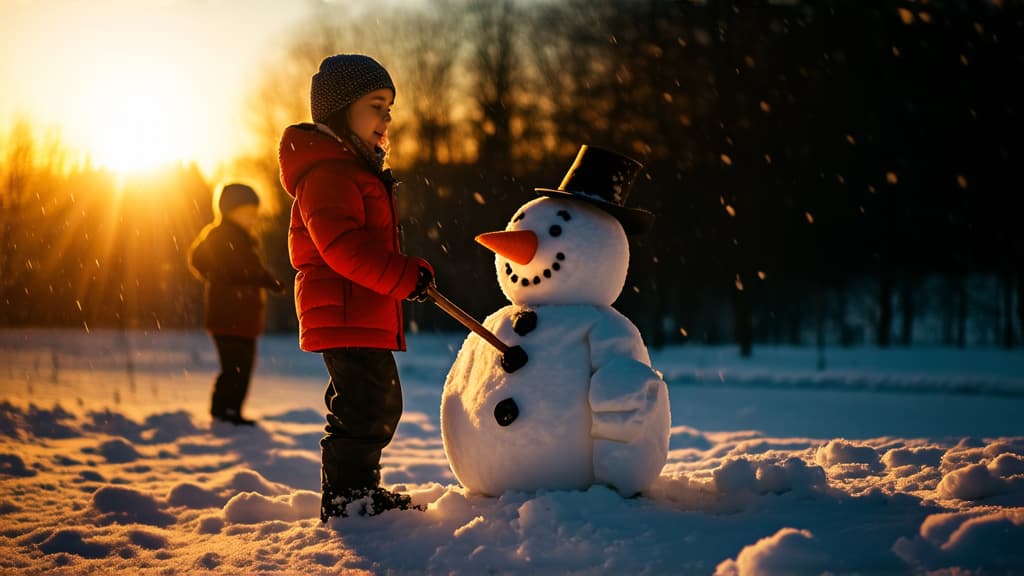  cinematic film style, children playing snowballs and collecting snowman standing in snow, sunset light, snowman with carrot nose. snow falling in background ar 16:9, shallow depth of field, vignette, maximum details, high budget hollywood movie, bokeh, cinemascope, moody, epic, gorgeous, sun rays and shadows on furniture and surfaces, flattering light, raw photo, photography, photorealistic, 8k resolution, f1.4, sharpened focus, sharp focus