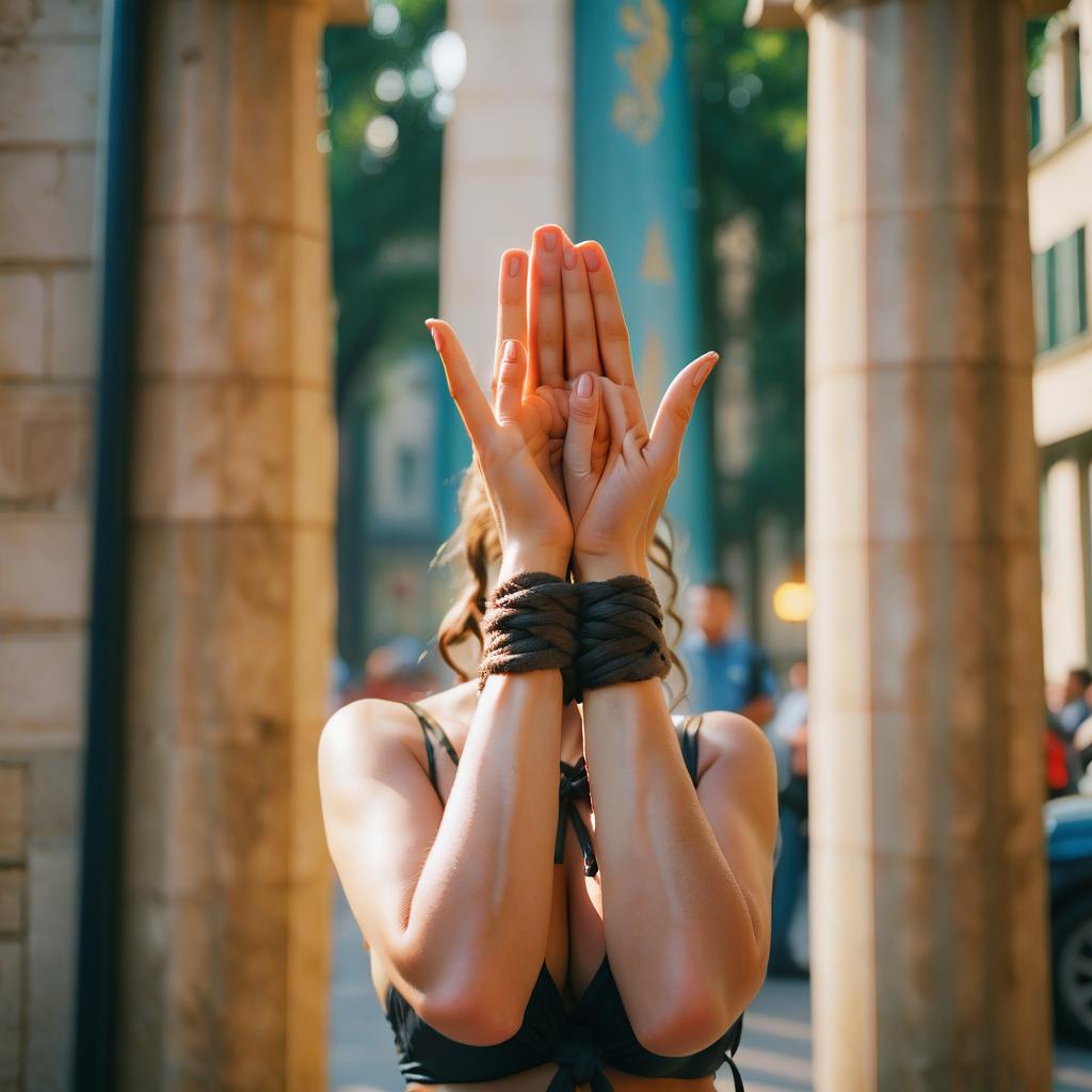  cinematic photo appetizing beautiful tied with her hands up to a pillar of shame . 35mm photograph, film, bokeh, professional, 4k, highly detailed, film photography style