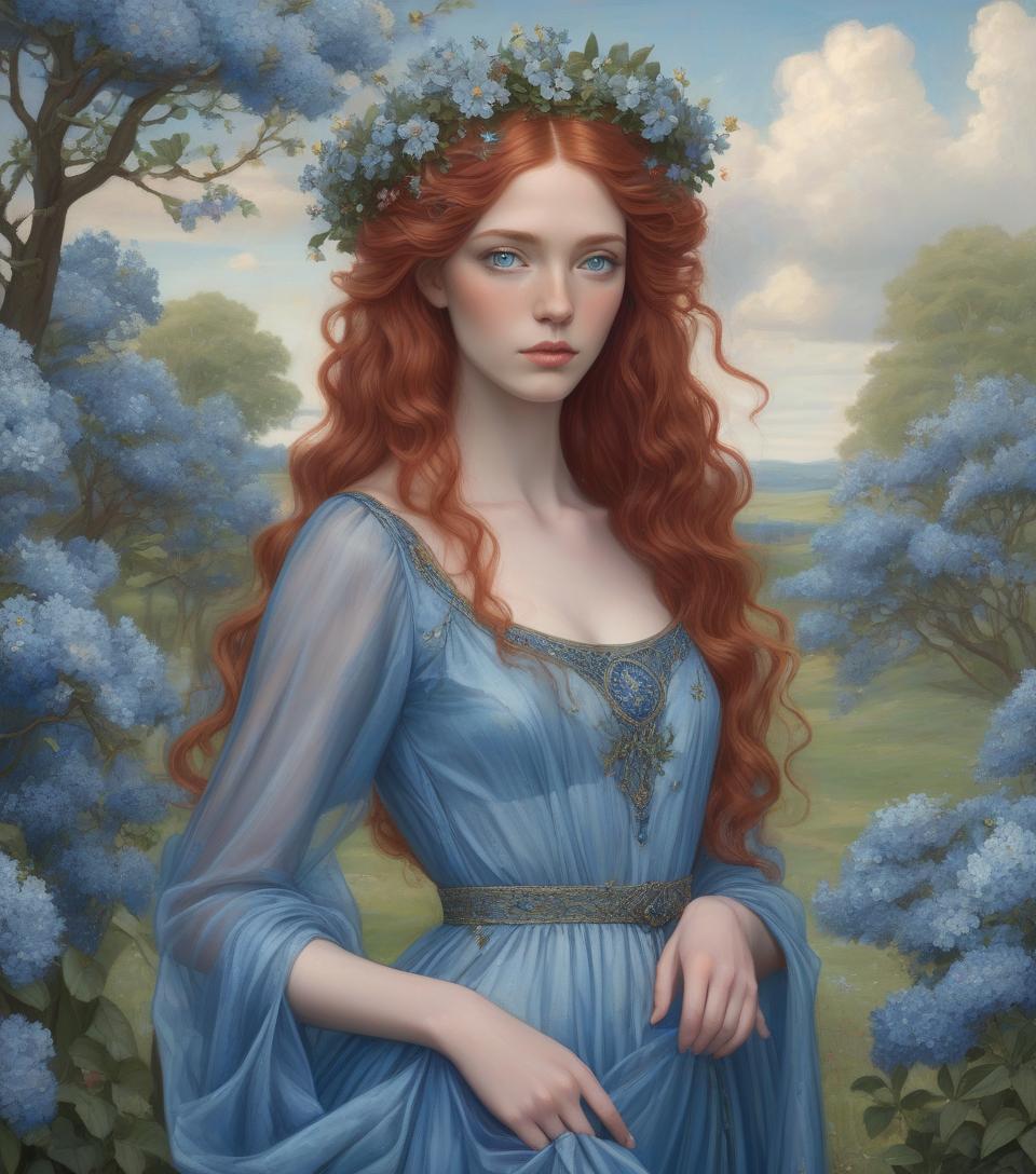  concept art a painting of a woman with flowing red hair, blue attire, and a floral crown standing among blue blossoms. create a portrait of a woman with detailed eyes in the style of the pre raphaelite brotherhood. she has botticelli style wavy, voluminous auburn hair, adorned with small blue flowers. she is dressed in a blue gown with a sheer, diaphanous over dress that flows elegantly, complementing the flowers in her hair. her fair skin, striking green eyes, red cupid's bow lips, and contemplative expression enhance her serene beauty. the pastoral background is romantic and ethereal, with weeping trees, soft hued flowers and clouds, demonstrating a reverence for natural beauty. this artwork blends realism with fantasy, resulting in a cap