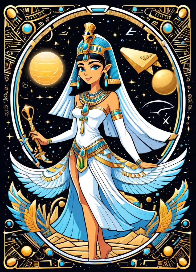  a humorous illustration. bright colors, cartoon style. on the black background, shiny contours outlines of silhouette of a egiptian girl made of egyptian hieroglyphs, (white color egyptian hieroglyphs:1.4), frame with intricate thin ornamentation from comet, stars and cosmic dust: (thin: 1,4) lines,