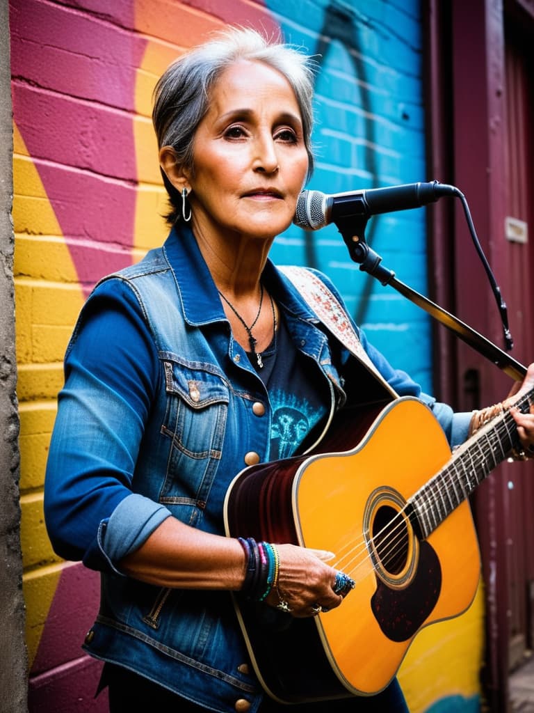  A younger Country singer Joan Baez, medium shot, upper body, spotlight, long exposure lighting, street art style spray paint, glamour lighting