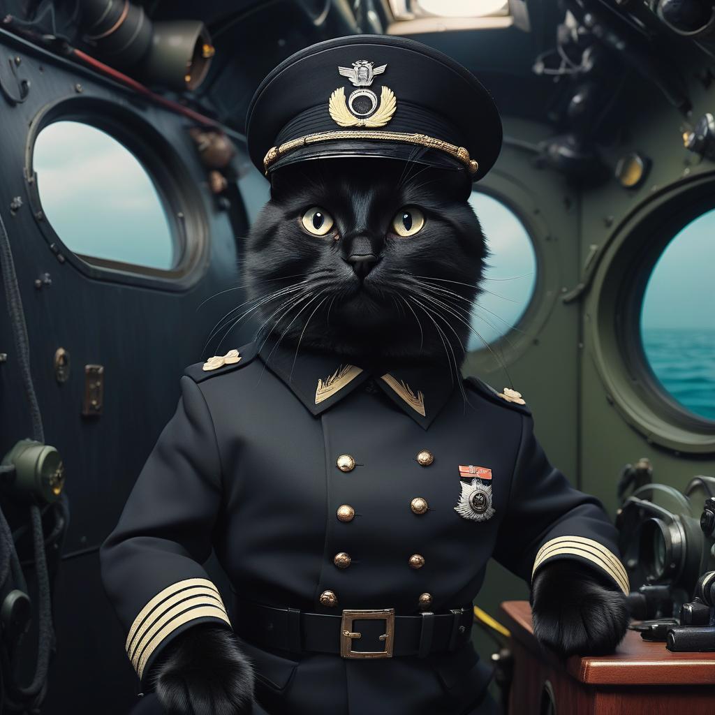  a furry black cat in the style of a german captain from the second world war, in a submarine