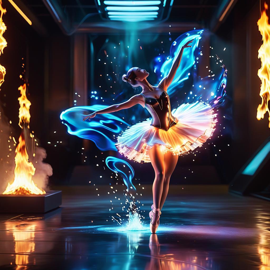  a ballerina robot dances in a flame of liquid glass., civitai, glowneon