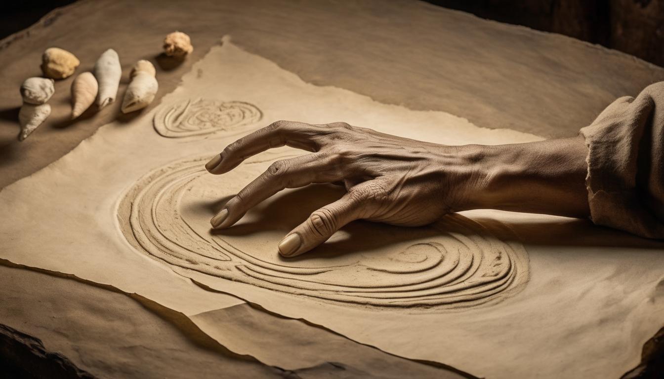  on parchment, surrealism++, hands molding a glowing clay figure shaped like a , divine light emanating, nurturing, protective, compionate(mysterious, , symbolic)++