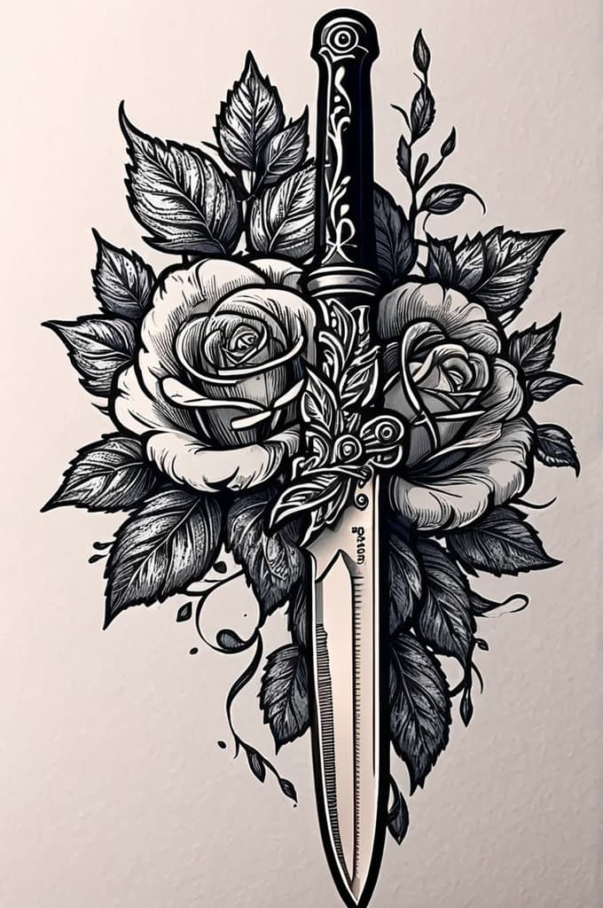  a rose with a knife going through it and vines rapping around the knife with the vines saying 1976 and 1978, (tattoo sketch:1.25), drawing