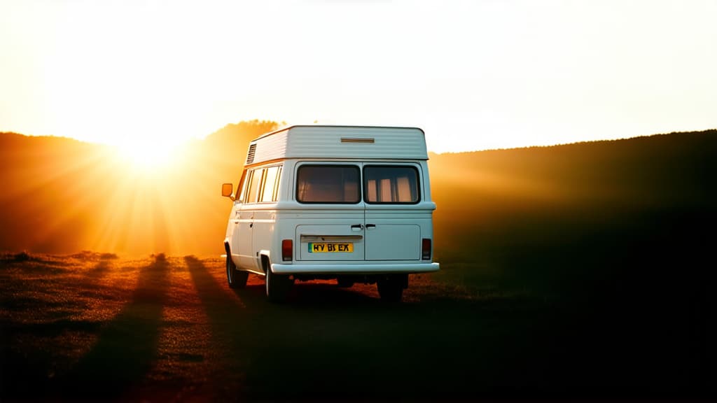  cinematic film style, a white camper van parked in a scenic landscape during sunset. this image represents travel, freedom, and the beauty of nature ar 16:9, shallow depth of field, vignette, maximum details, high budget hollywood movie, bokeh, cinemascope, moody, epic, gorgeous, sun rays and shadows on furniture and surfaces, flattering light, raw photo, photography, photorealistic, 8k resolution, f1.4, sharpened focus, sharp focus