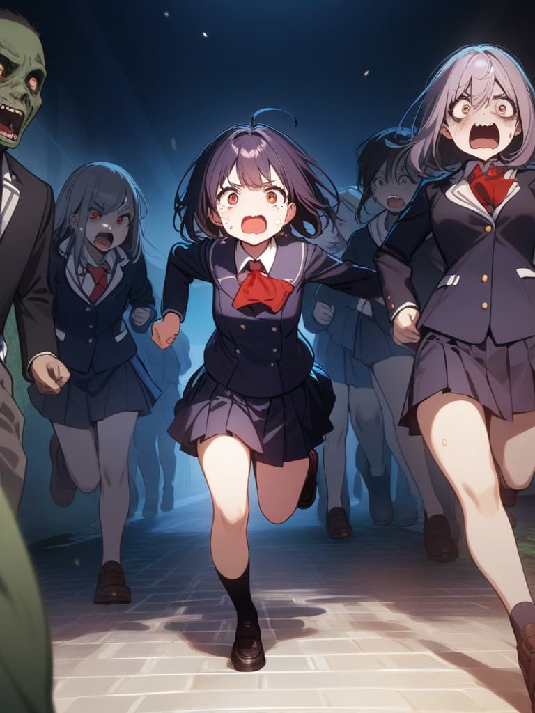  ultra detailed:1.2,masterpiece:1.2,best quality,masterpiece,bestquality,hdr:1.1,8k:1.1,very cute girl:1.3,(dark purple hair:1.3)(black school uniform,red ascot:1.4)((from front,full body:1.4))((running at school:1.6)),(scared,tears:1.3),(being chased by zombies:1.4)