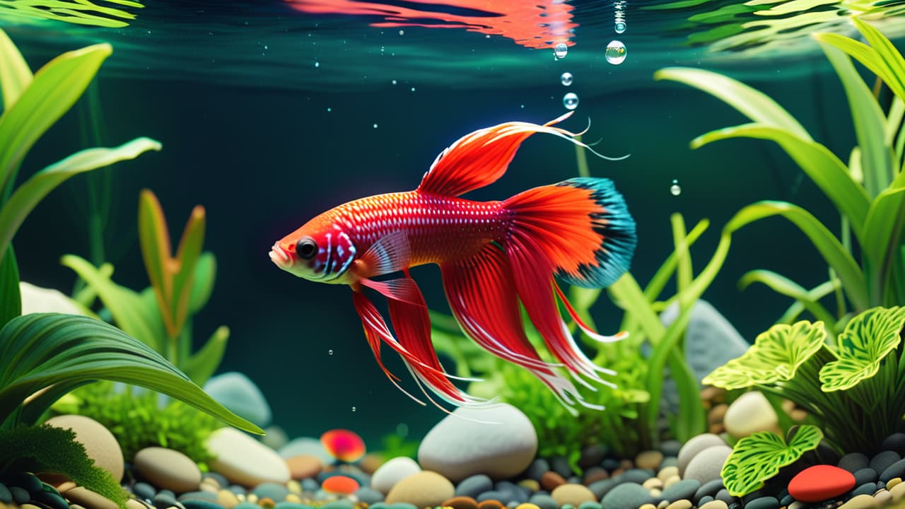  a serene aquarium scene featuring a vibrant betta fish swimming gracefully among lush green plants, smooth pebbles on the bottom, and a gentle filter creating soft bubbles, showcasing a low maintenance aquatic environment. hyperrealistic, full body, detailed clothing, highly detailed, cinematic lighting, stunningly beautiful, intricate, sharp focus, f/1. 8, 85mm, (centered image composition), (professionally color graded), ((bright soft diffused light)), volumetric fog, trending on instagram, trending on tumblr, HDR 4K, 8K