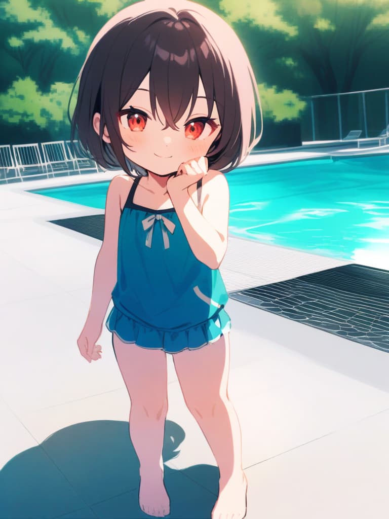  s, swimwear, water transveses, male, , front, cute smile ( face), s bob cut, whole body, pool,