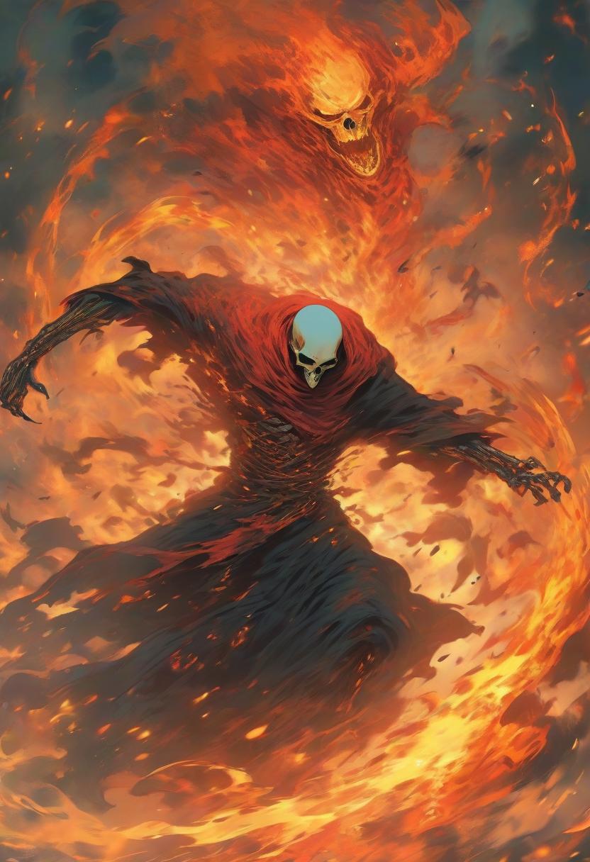  intangible ephemeral dark fantasy phantom reaper chasing his victim, fiery vortices enveloping his body, close up