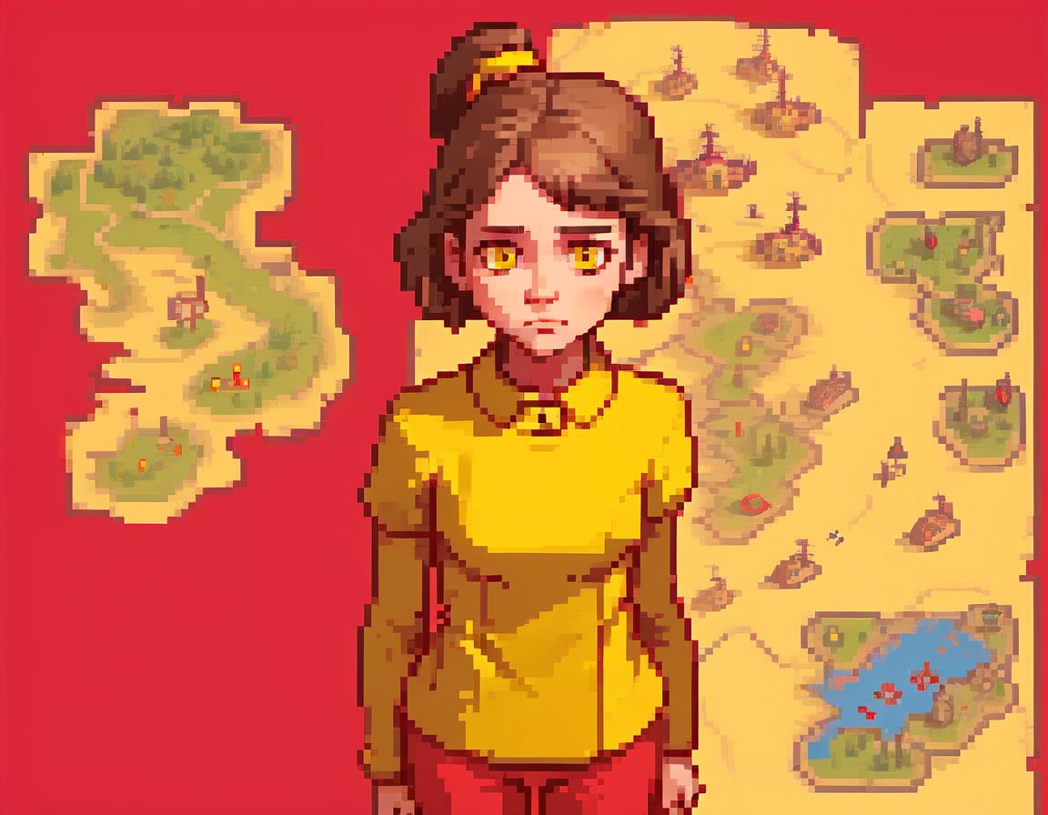  strategy game style the girl has a thoughtful surprised face, she stands on a red background in yellow clothes, girl illustration sketch sketch . overhead view, detailed map, units, reminiscent of real time strategy video games