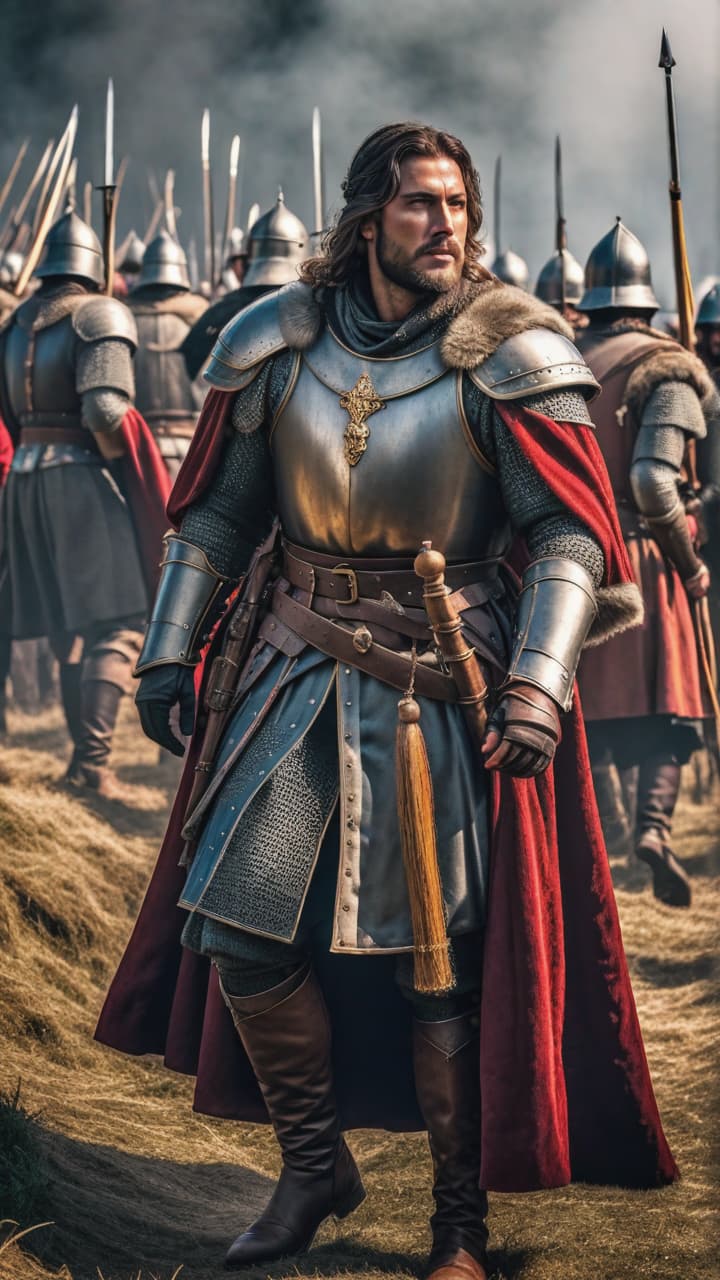  medieval war hyperrealistic, full body, detailed clothing, highly detailed, cinematic lighting, stunningly beautiful, intricate, sharp focus, f/1. 8, 85mm, (centered image composition), (professionally color graded), ((bright soft diffused light)), volumetric fog, trending on instagram, trending on tumblr, HDR 4K, 8K