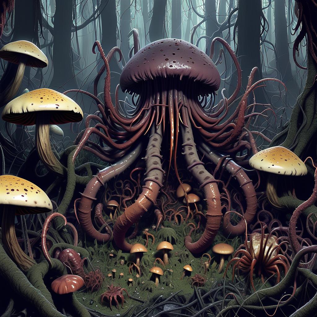  lovecraftian horror a dark, infected forest where trees and plants are covered with fungus and spores. in the center of the composition is a giant king cordyceps, surrounded by an army of mutated creatures. mushroom spores and mycelium spread across the earth, taking over everything around. the atmosphere is ominous and threatening, with elements of biological horror. . eldritch, cosmic horror, unknown, mysterious, surreal, highly detailed