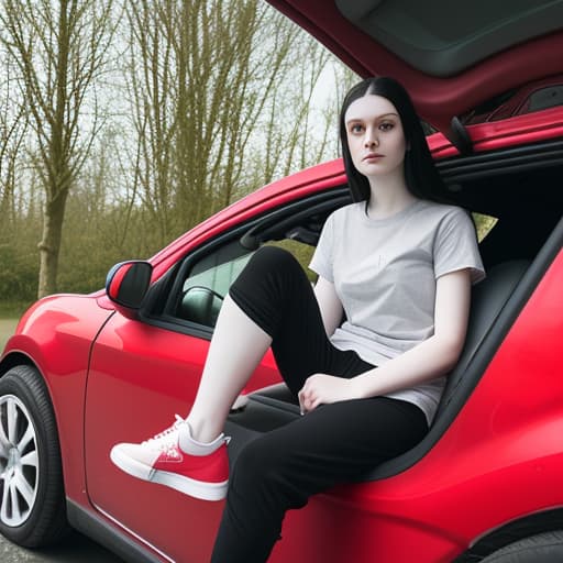  lady, early twenties, pale skin, black medium straight hair. wearing a red t shirt, grey joggers and red trainers. she is sitting inside her car, driving, anxious