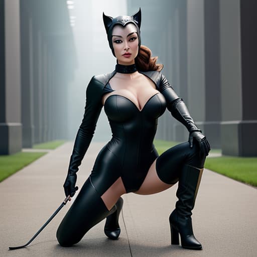  daring beautiful cosplay woman dressed as catwoman with ripped costume kneeling in long tight boots, soft focus, depth of field, 8k photo, hdr, professional lighting, taken with canon eos r5, 75mm lens hyperrealistic, full body, detailed clothing, highly detailed, cinematic lighting, stunningly beautiful, intricate, sharp focus, f/1. 8, 85mm, (centered image composition), (professionally color graded), ((bright soft diffused light)), volumetric fog, trending on instagram, trending on tumblr, HDR 4K, 8K