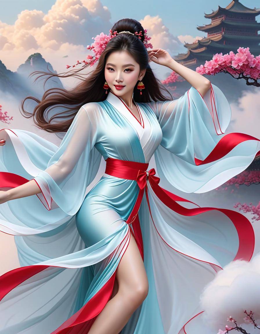  chinese lola in a light silk daxuchan, elegantly dances like grace on clouds, <lora:add detail xl:0.9>, aesthetics of femininity and beauty,