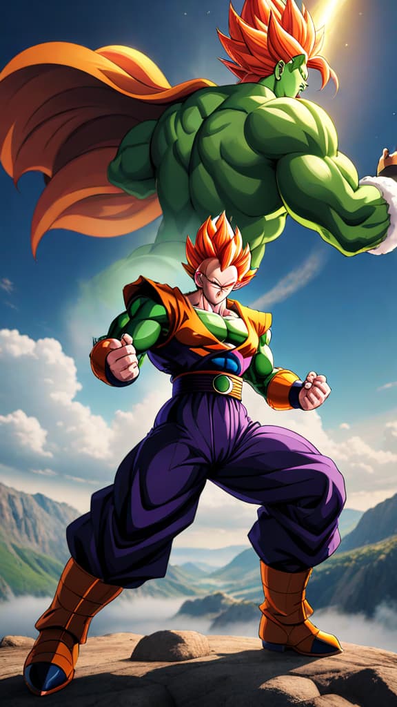  android 16 from dragon ball z with immense hidden power, showcasing strength against cell in an epic battle, anime art hyperrealistic, full body, detailed clothing, highly detailed, cinematic lighting, stunningly beautiful, intricate, sharp focus, f/1. 8, 85mm, (centered image composition), (professionally color graded), ((bright soft diffused light)), volumetric fog, trending on instagram, trending on tumblr, HDR 4K, 8K