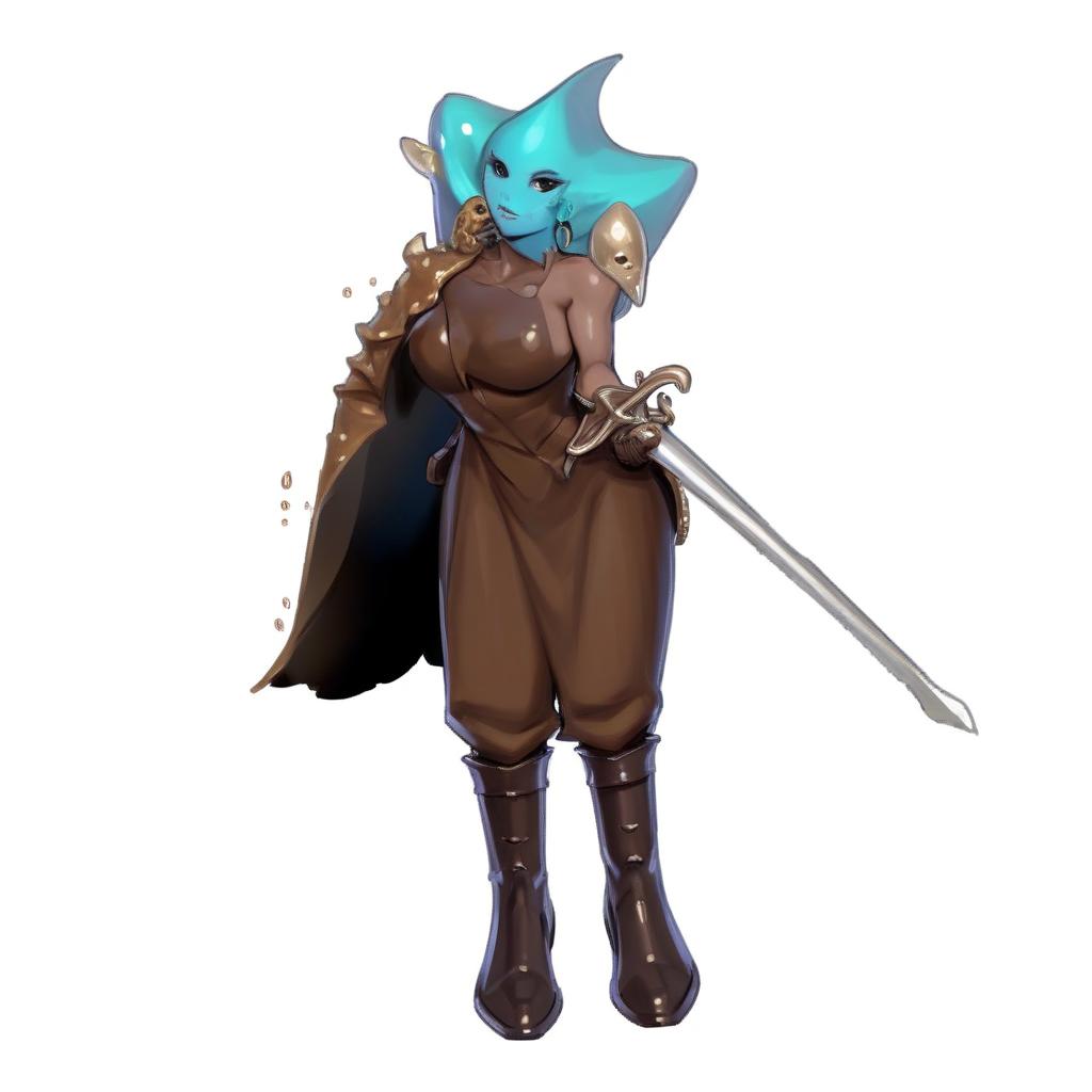  feamle, merfolk , brown eyes, blue skin, brown medival clothes , drark brown boots, rapier on side,