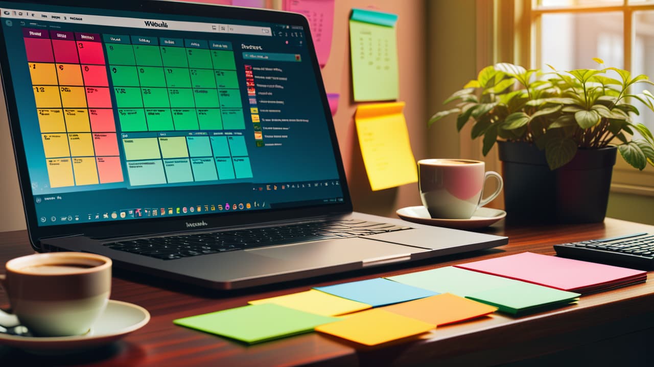  a cluttered desk with a laptop displaying stock charts, colorful sticky notes with trading strategies, a coffee cup, and a beginner reading a finance book, surrounded by a calming plant and a wall calendar. hyperrealistic, full body, detailed clothing, highly detailed, cinematic lighting, stunningly beautiful, intricate, sharp focus, f/1. 8, 85mm, (centered image composition), (professionally color graded), ((bright soft diffused light)), volumetric fog, trending on instagram, trending on tumblr, HDR 4K, 8K