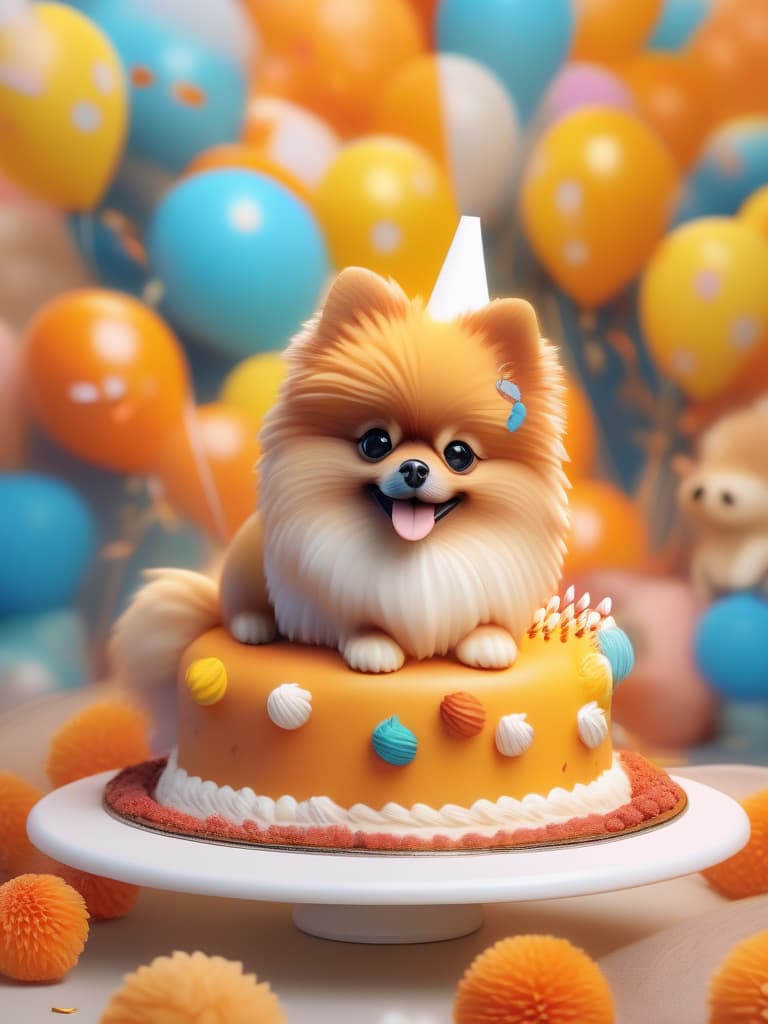  cute pomeranian, orange, smile, birthday cake 🎂, balloon 🎈, happy birthday, masterpiece, best quality,8k,ultra detailed,high resolution,an extremely delicate and beautiful,hyper detail