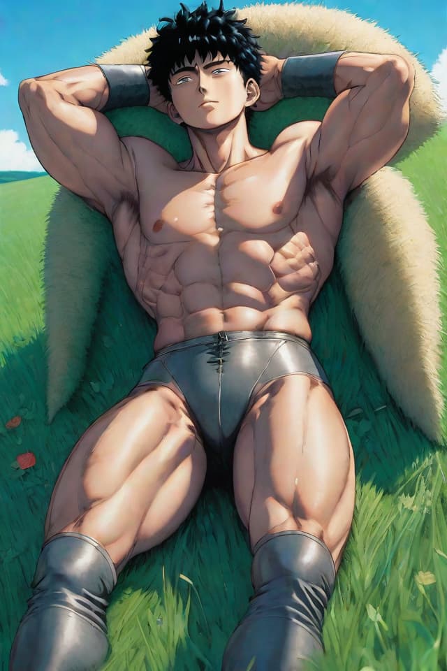  a serene scene depicting guts from berserk, lying peacefully on lush green grass under a clear blue sky. the character is shown with one eye closed, embodying a moment of tranquility amidst his tumultuous life. his signature armor is partially visible, blending with the natural surroundings, and a visible scar across his face adds to his rugged appearance. the sunlight casts gentle shadows, enhancing the details of his muscular physique and the texture of the grass.