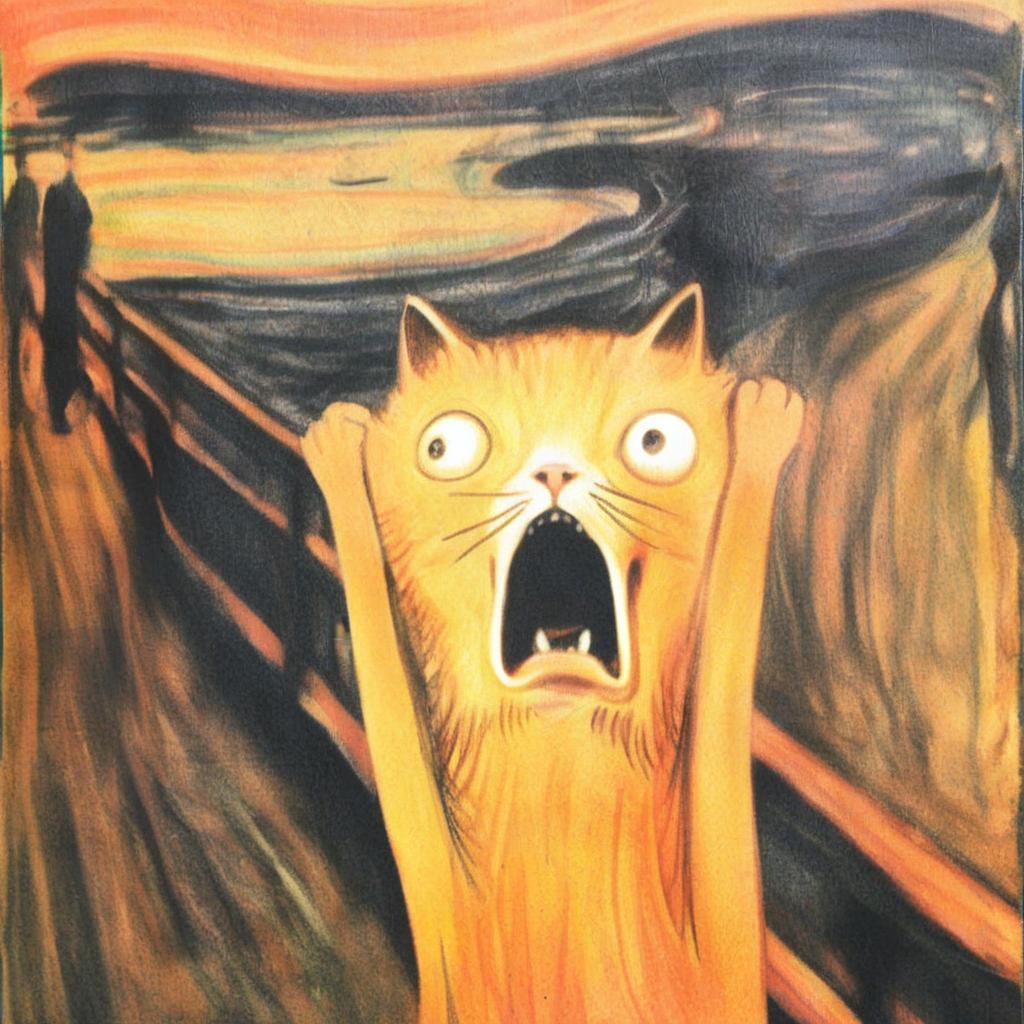  draw a picture of edward munch scream, cat in the foreground, t shirt design