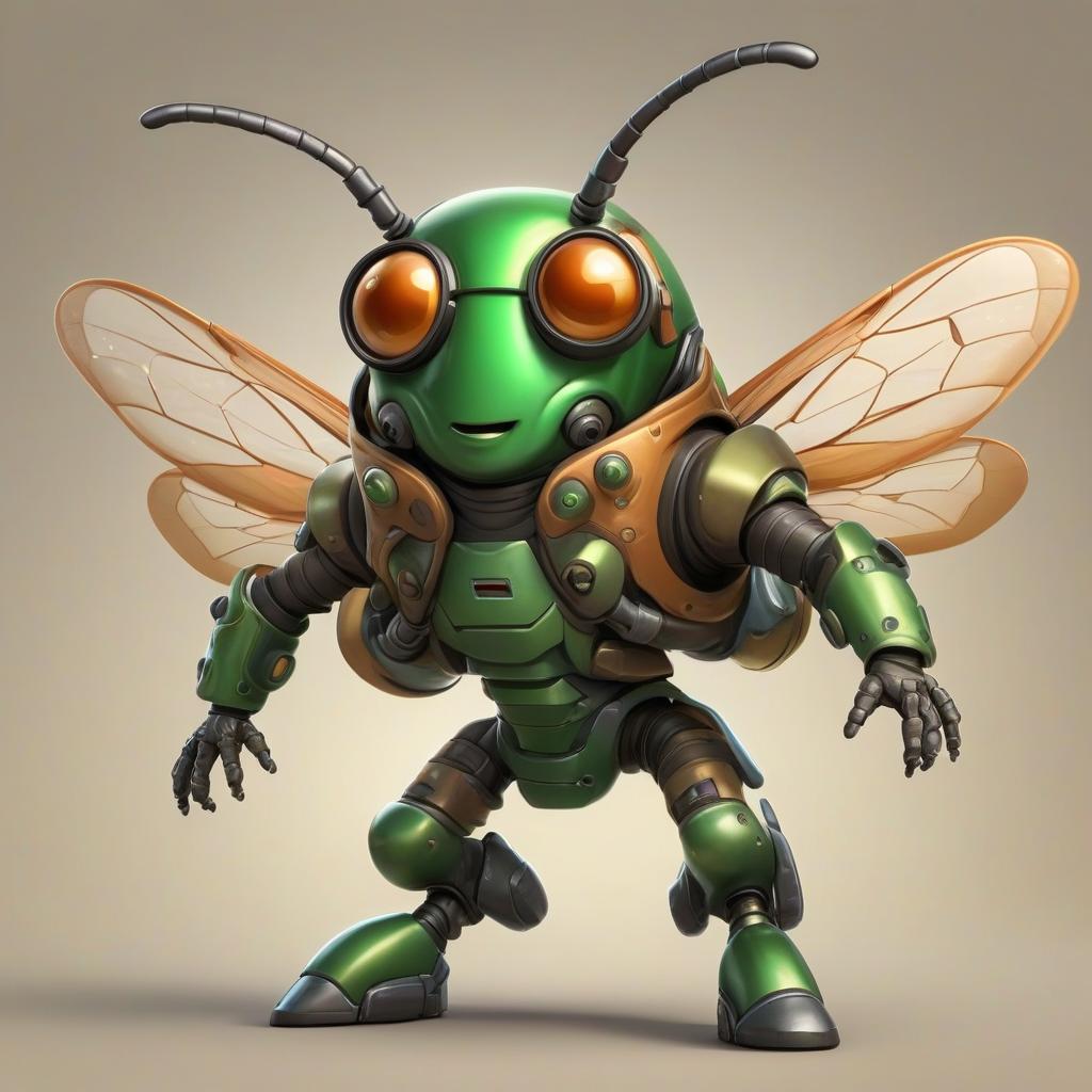  cute cartoon insect beetle character with a green body, big expressive eyes and a smile on his lips. on his head he has a huge brown helmet with goggles, giving him an adventurous look. the insect beetle stands confidently holding a blaster, he has graceful wings and long tendrils. the background is simple and bright inside the starship to emphasize the charm of the funny character with the weapon.