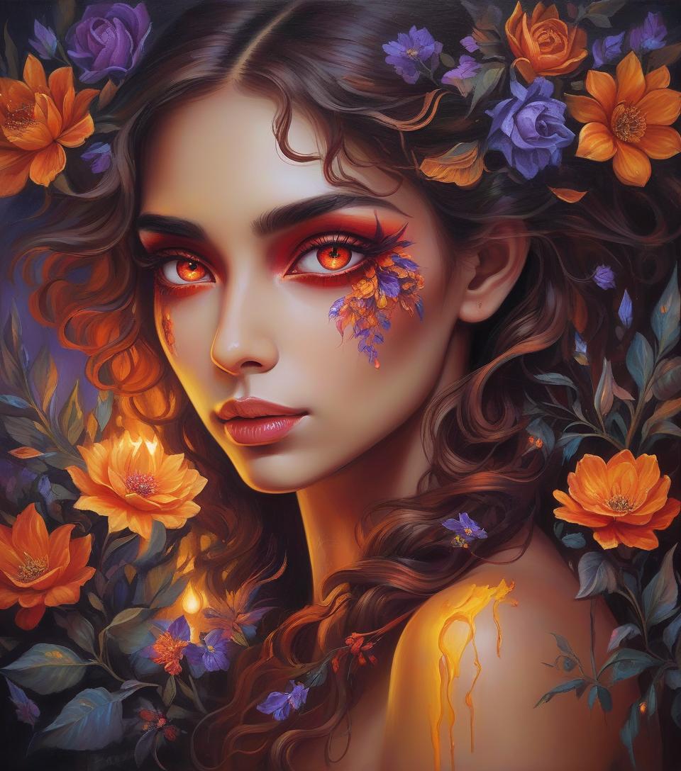  <mymodel>nataasha beautiful woman with flowers, oil painting, detailed fiery eyes, ethereal glow, dark and mysterious, high quality, vibrant colors, surreal, haunting, intricate floral details, intense gaze, mystical atmosphere, oil painting, demon, hybrid, fiery eyes, ethereal, vibrant colors, surreal, haunting, floral details, intense gaze, mystical atmosphere