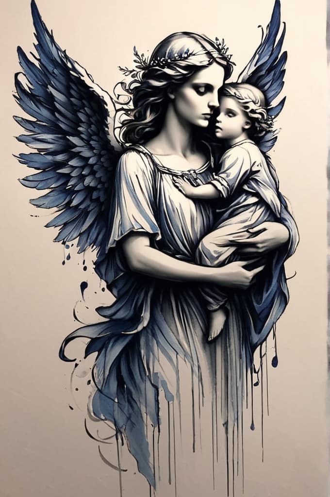  angel with child in the arms , (tattoo sketch:1.25), drawing