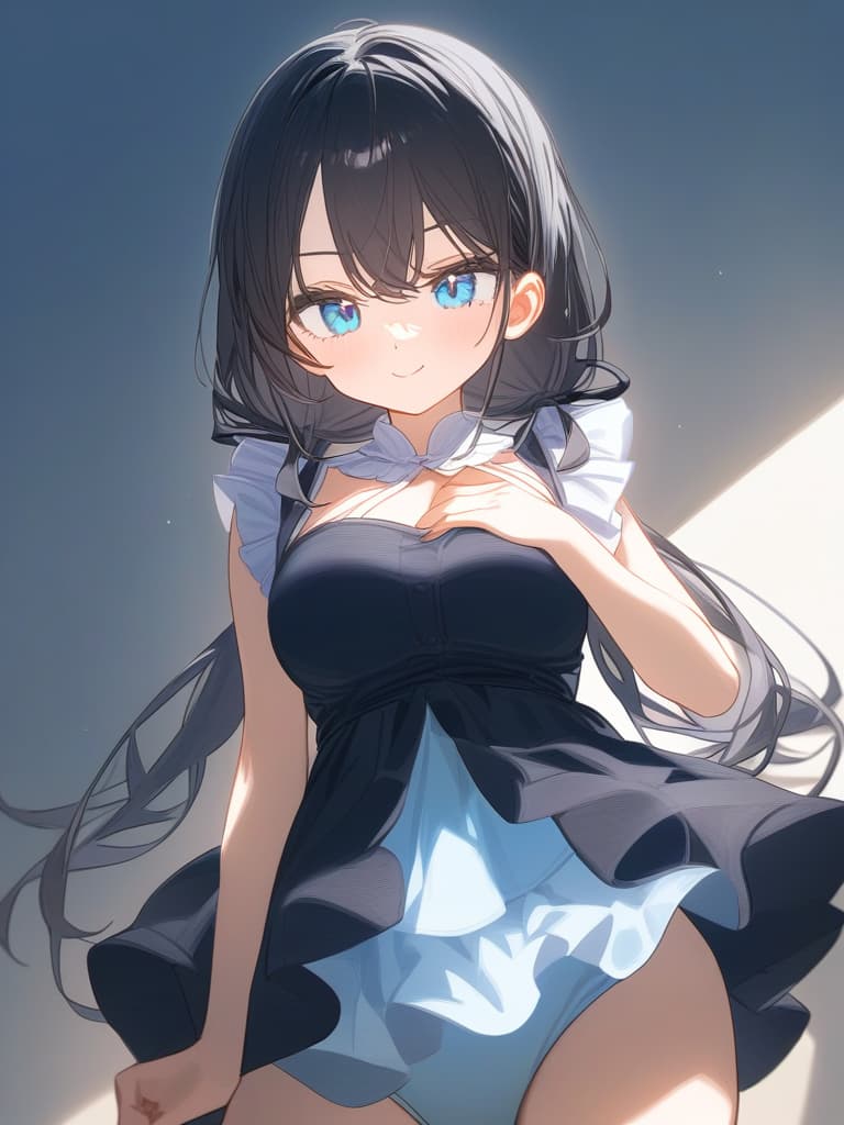  cute face focus,cute,black hair,light blue eyes,cute posing,frill onepiece,low twin tail