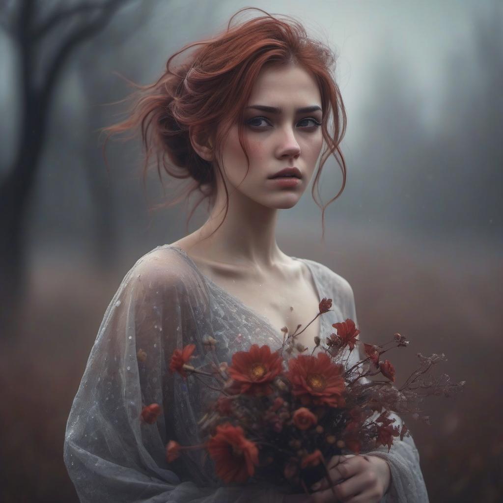  a girl with a brooding look and bloody hair, a graceful and beautiful figure, high detail, tender, flickering lights around her, half brown flowers winding around, a dull background with fog and soft light, a mysterious and slightly gloomy atmosphere, a light wind moves hair and clothes, raindrops sparkle on the skin