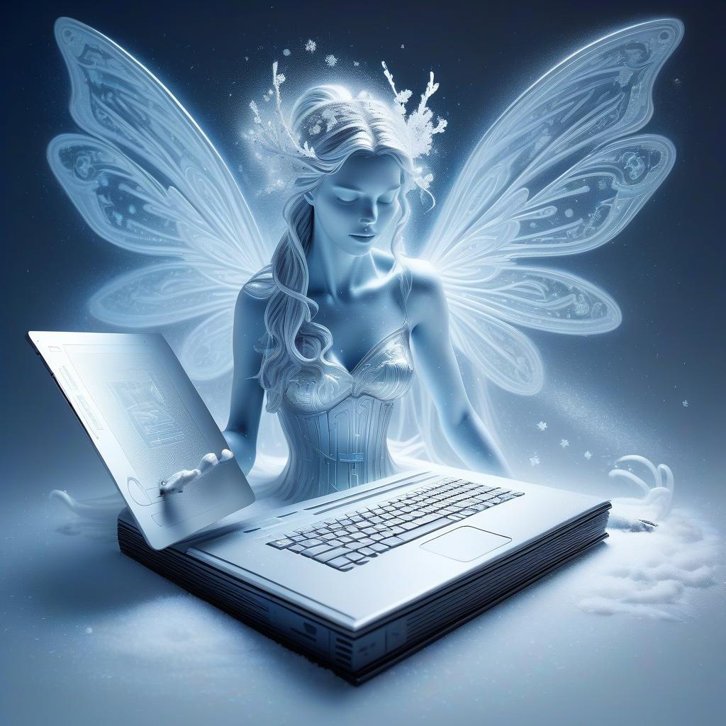  line art drawing highly detailed translucent snow fairy with wings of snow (holding a computer video card:1.3), blizzard appear from the pages of a fairy tale book, translucent snow blizzard magic snow fairy reaching out of a 3d sculptured book; the souls escaping from book, motion blur action side profile shot of spirit tepping out of book, astrodimensional iridescent spirit of the light, disintegrating into starlight and holographic particulate trails of wispy snow by alberto seveso by giger liquid snow effects in wind :: wind blowing left 3d shading; pulsing with an inner light; clear and sparkling, smooth, flowing, shimmer; 16k resolution, hyperdetailed, intricate beautiful details . professional, sleek, modern, minimalist, graphic, lin