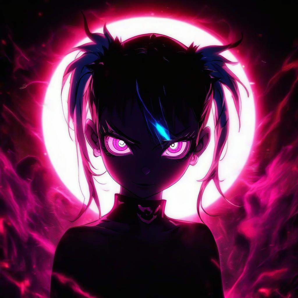  a close up of a person with blue hair, metal cat ears and glowing eyes, anime picture, deep crimson and dark shadows, perfect female body silhouette, bitcoin evil, ((pink)), style of madhouse anime, portrait of evil girl, it is night, looming head