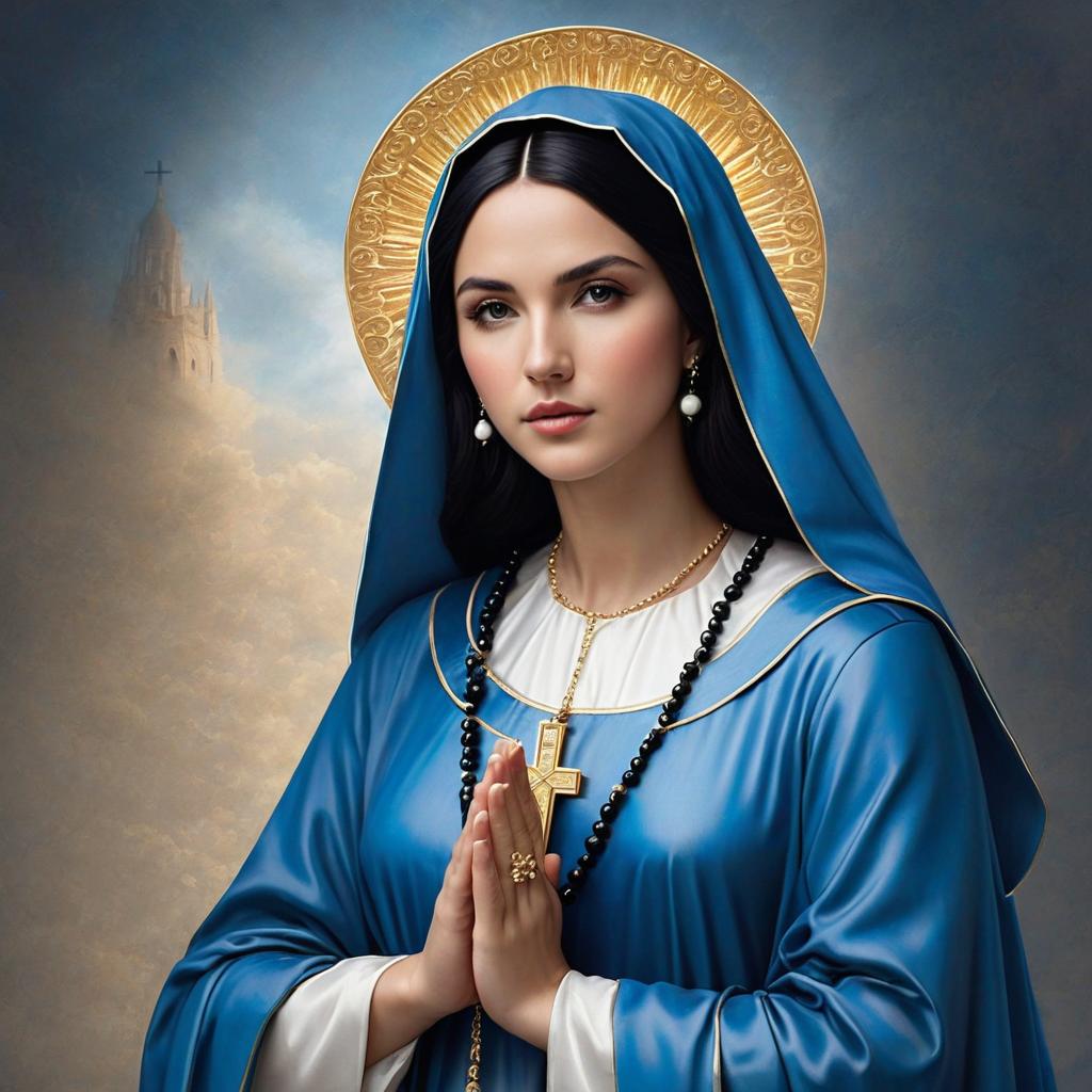  create an image of the blessed mary with black hair, a blue mantle, holding a rosary, and styled as sacred art