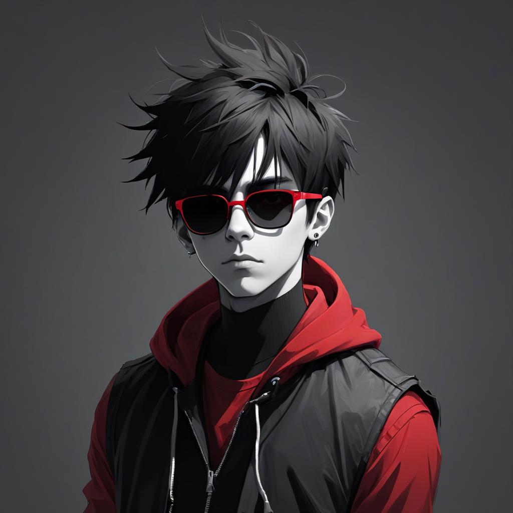  silhouette style guy in a black hooded vest and red shirt, punk haircut, black glasses . high contrast, minimalistic, black and white, stark, dramatic