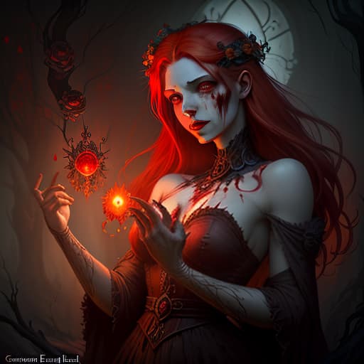  the goddess of power takes control of the living. a very beautiful living flowering bright girl with red hair, dark , creepy , blood , monsters , by jason engle , carlos huante , charlie bowater , simon lee , brom