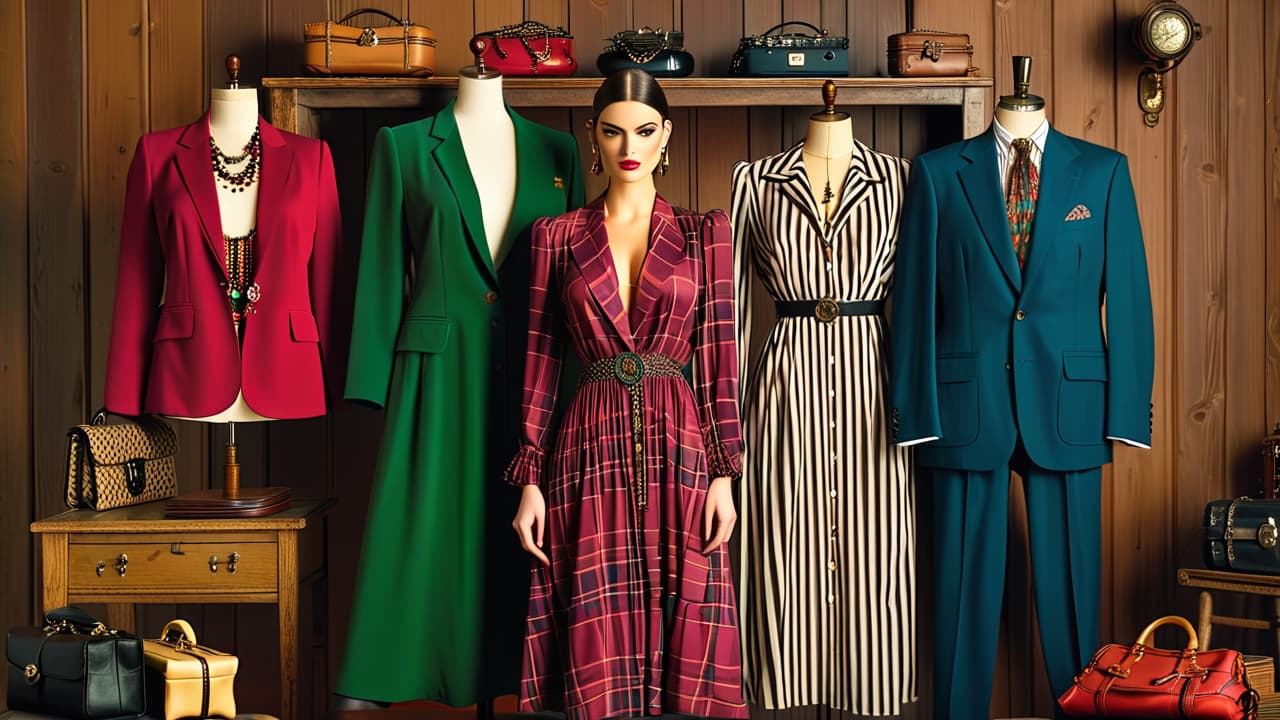  a vintage fashion showcase featuring a 1970s bohemian dress, 1980s oversized blazer, and 90s grunge flannel shirt, surrounded by antique accessories like beaded handbags and chunky jewelry, all displayed on a rustic wooden mannequin. hyperrealistic, full body, detailed clothing, highly detailed, cinematic lighting, stunningly beautiful, intricate, sharp focus, f/1. 8, 85mm, (centered image composition), (professionally color graded), ((bright soft diffused light)), volumetric fog, trending on instagram, trending on tumblr, HDR 4K, 8K