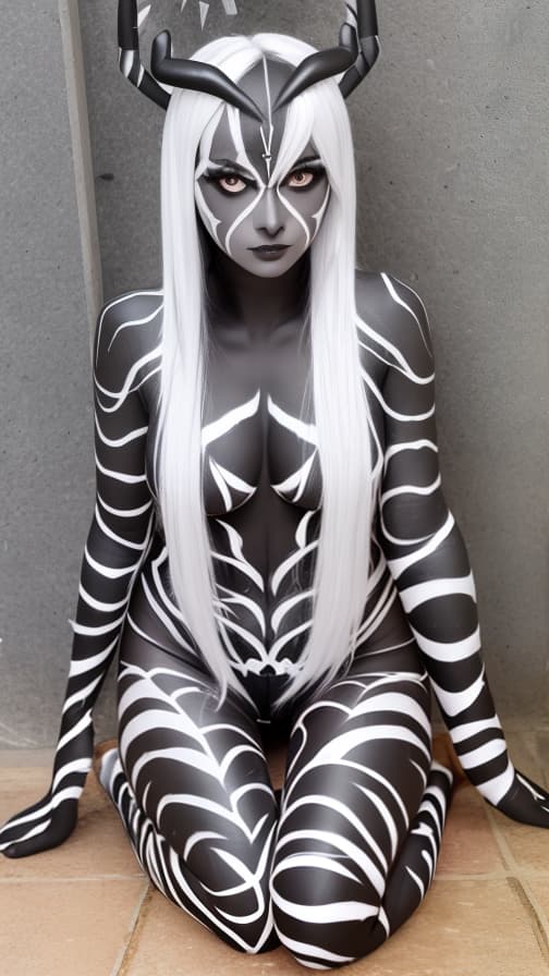  Black and White Spider-patterned body paint in every corner of the whole body, full-body, silver body paint, White face paint on the face,Dark elf 女性