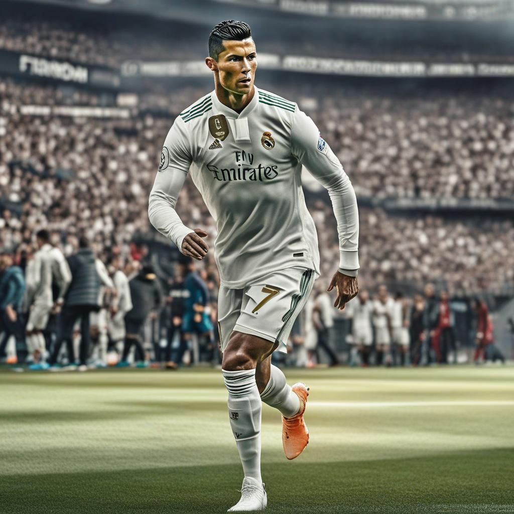  cr7 hyperrealistic, full body, detailed clothing, highly detailed, cinematic lighting, stunningly beautiful, intricate, sharp focus, f/1. 8, 85mm, (centered image composition), (professionally color graded), ((bright soft diffused light)), volumetric fog, trending on instagram, trending on tumblr, HDR 4K, 8K