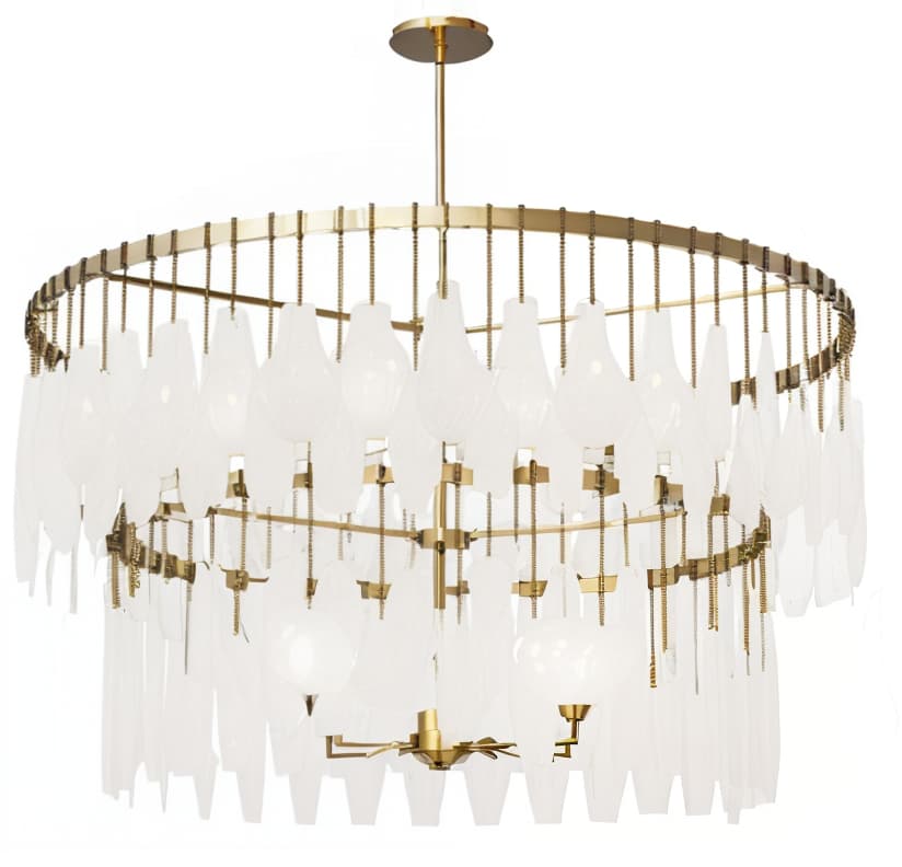  modern style large pendant lamp, with brown feather hanging glass panels and a gold lamp body.