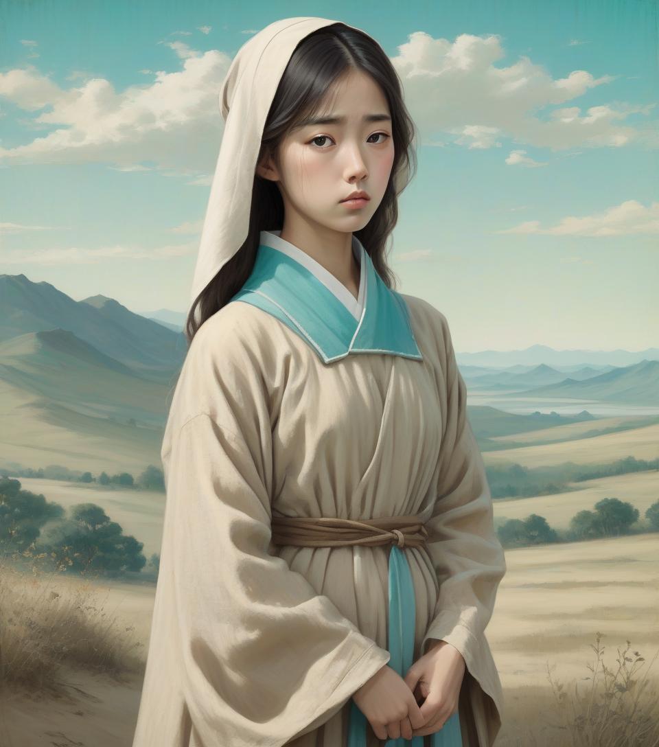  vintage front view portrait of a sad looking young and very cute korean girl, wearing a simple earth colored linen medieval dress and a linen coif, standing in front of vast landscape with a bright turquoise sky, muted earth colors, highly detailed, realistic