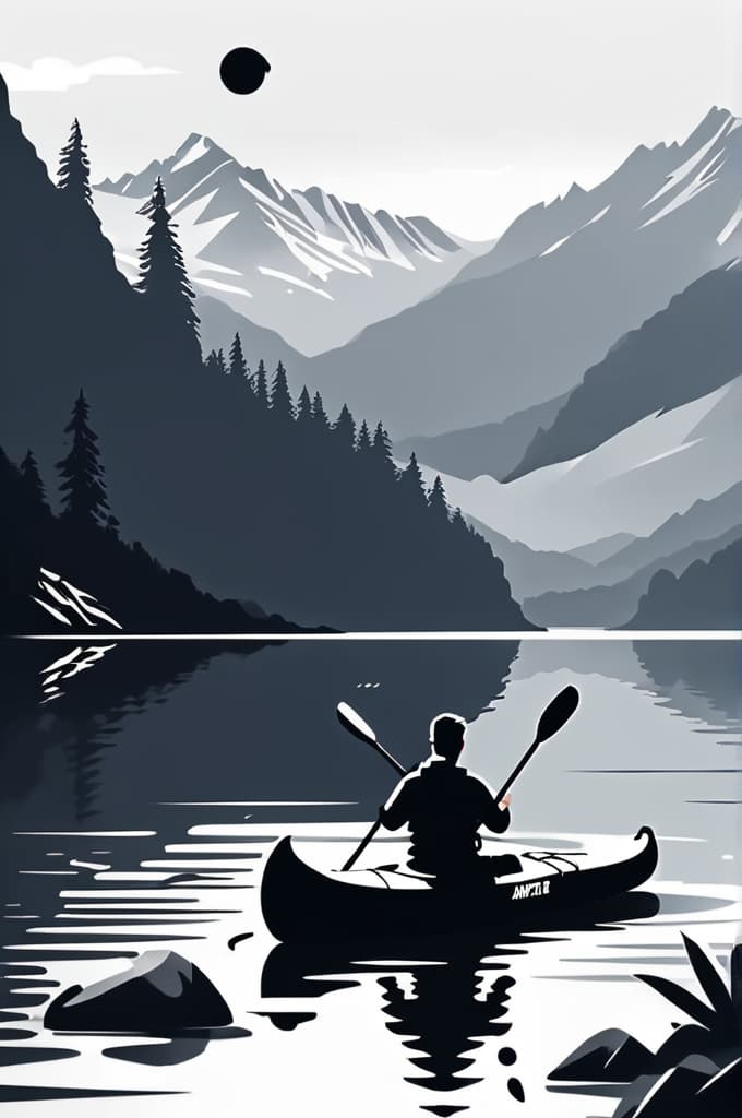  new zealand mountains in the background and kayaking on a lake underneath and someone hiking on a trail next to the lake, (tattoo:1.15), black and white style, hq, hightly detailed, 4k