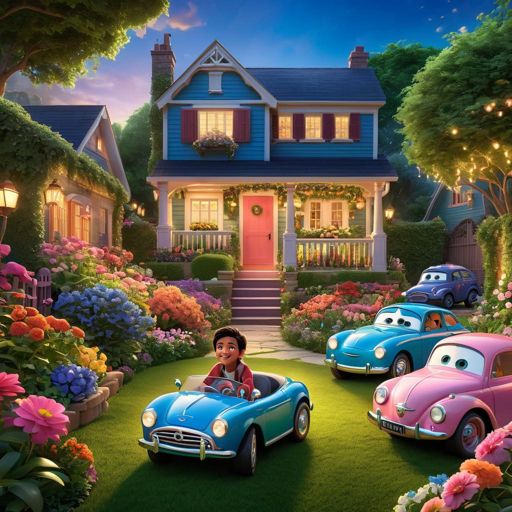  in 3d animated movie style. disney pixar style. nikhil, 7, happily plays in a lush garden with his beloved puppy and toy cars. vibrant flowers surround. pixar 3d style with detailed rendering. bright greens, blues, pinks. warm, cozy lighting from a low angle for wonder and adventure.