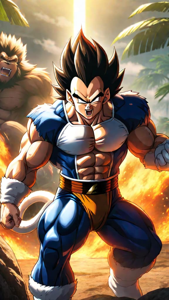  anime art: vegeta transforms into great ape during battle with goku, hinting at his true potential. hyperrealistic, full body, detailed clothing, highly detailed, cinematic lighting, stunningly beautiful, intricate, sharp focus, f/1. 8, 85mm, (centered image composition), (professionally color graded), ((bright soft diffused light)), volumetric fog, trending on instagram, trending on tumblr, HDR 4K, 8K